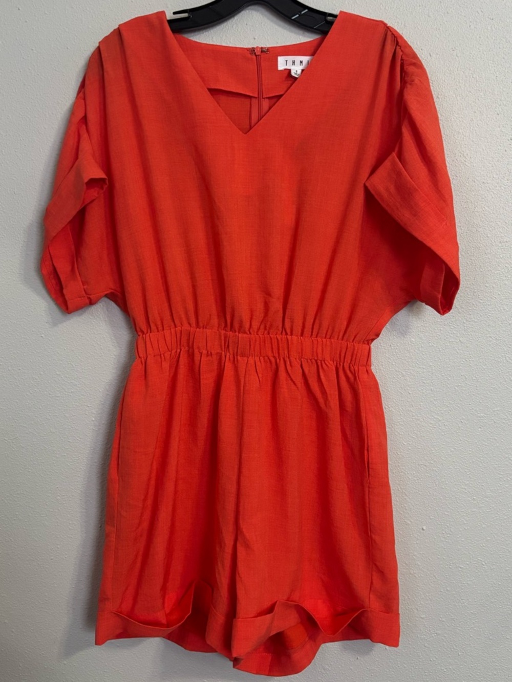 THML Coral-Red V-Neck Elastic Waist Short Sleeve Romper